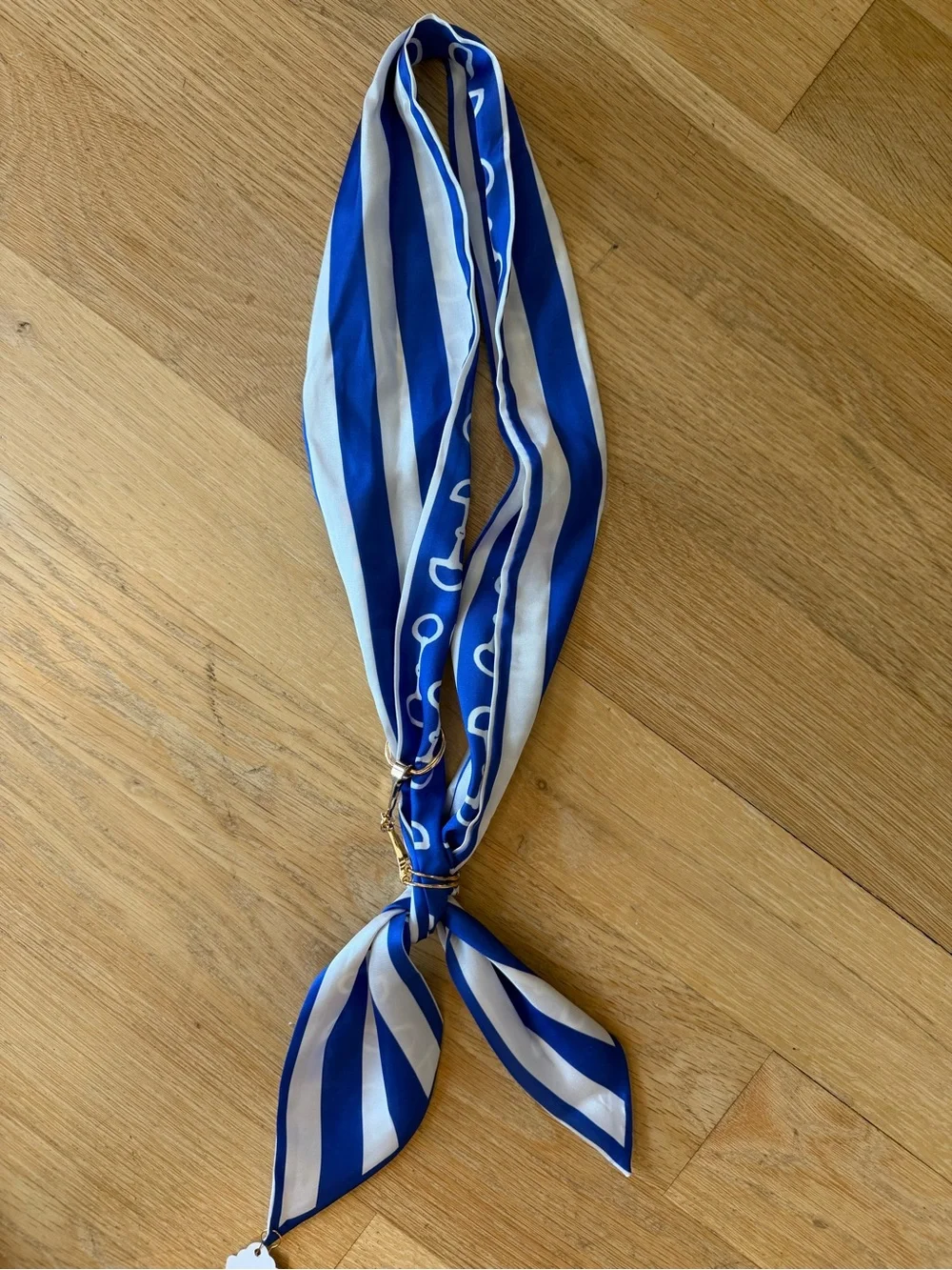 Blue and White Striped Silk-Feel Scarf with Equestrian Print